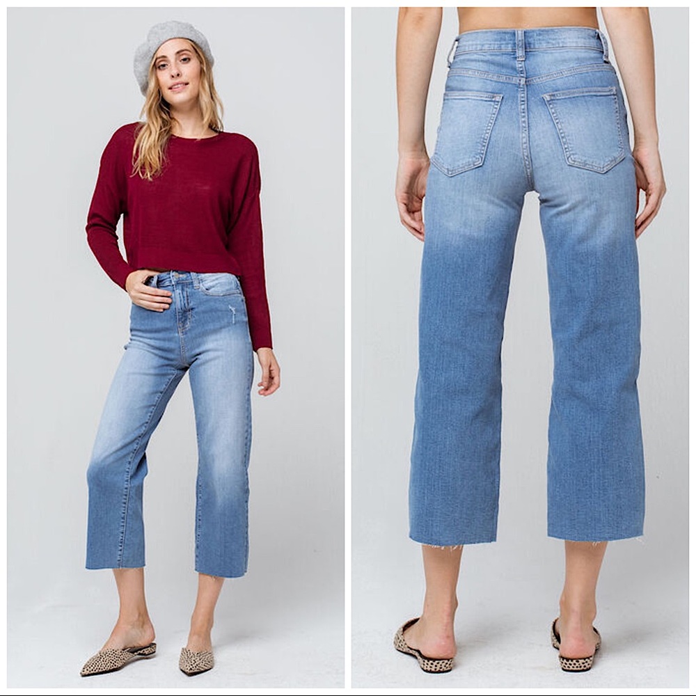 IVY + MAIN | HIGH RISE WIDE LEG CROPPED FRAYED JEANS